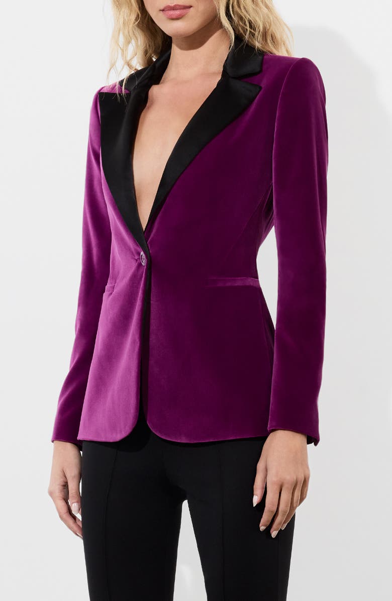 Alice + Olivia Macey Fitted Velvet Blazer, Alternate, color, Bright Boysenberry/ Black