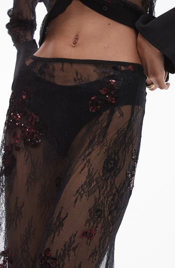 Sequin Embellished Sheer Lace Maxi Skirt
