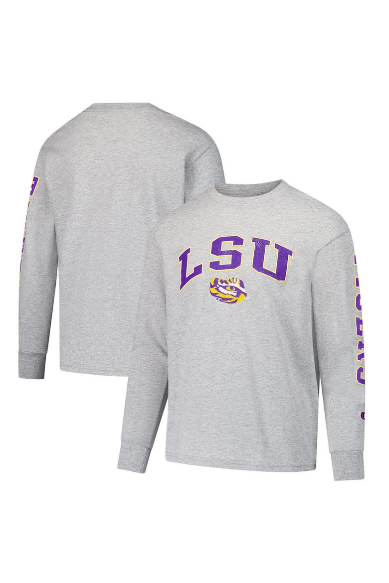 Youth Champion Gray LSU Tigers Distressed Arch Over Logo Long Sleeve T-Shirt, Main, color, Gray