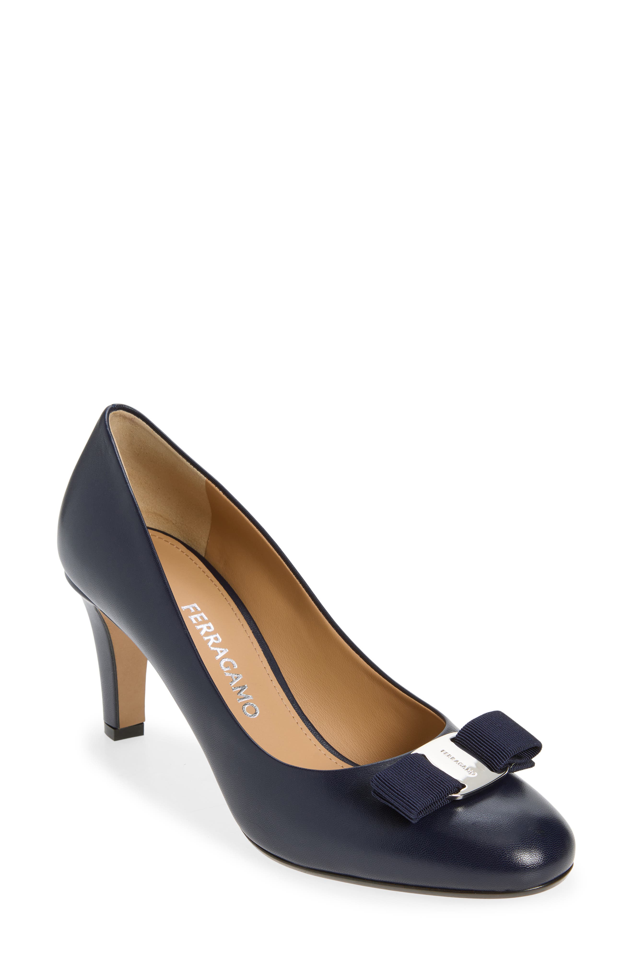 FERRAGAMO Carla Bow Pump, Main, color, Navy Biscotto