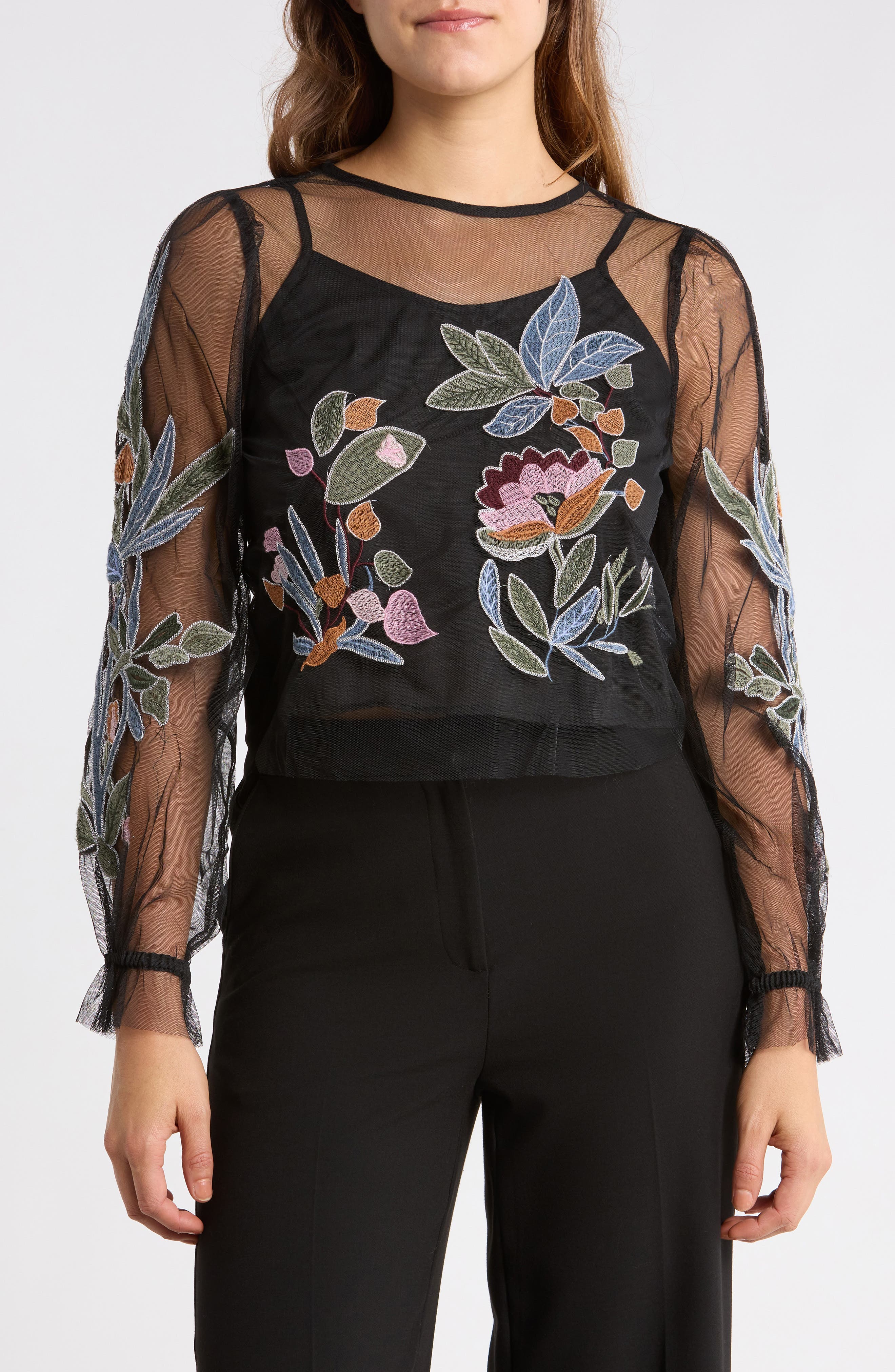 Embroidered Mesh Top with Camisole