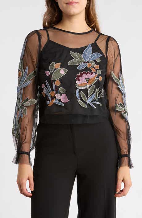 Embroidered Mesh Top with Camisole