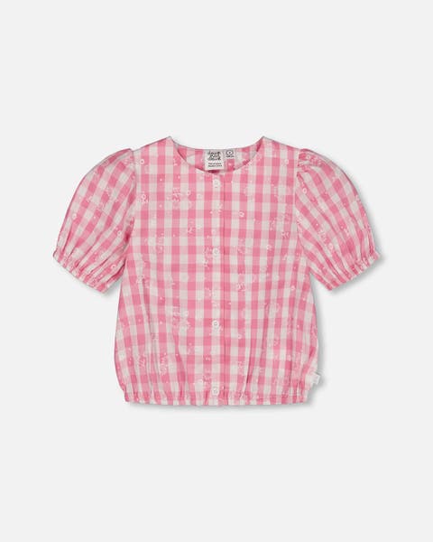 Girl's Puff Sleeve Top Pink And White Checks