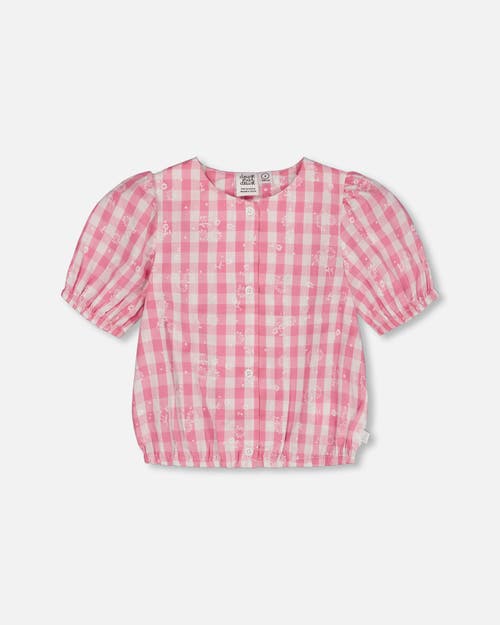 Deux Par Deux Little Girl's Puff Sleeve Top Pink And White Checks In Pink And White Checks
