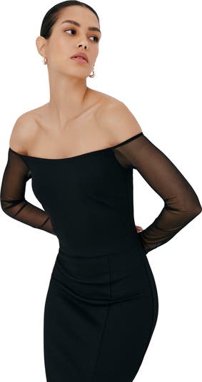 Marian Off the Shoulder Mesh Long Sleeve Gown