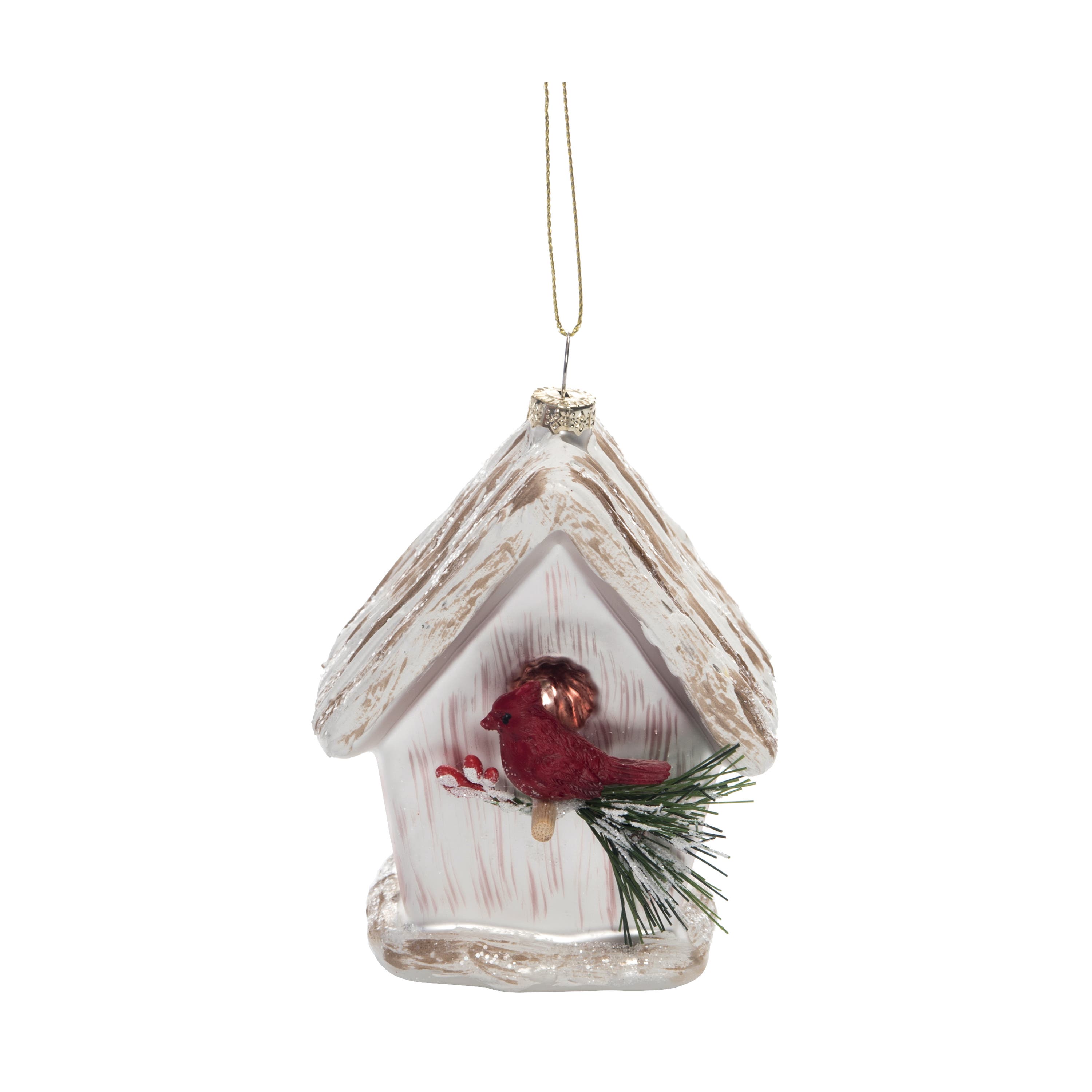 Transpac Cream Glass Woodland Cardinal Bird House Ornament Christmas Tree In Sand