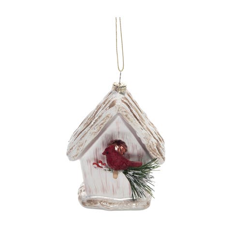 Cream Glass Woodland Cardinal Bird House Ornament Christmas Tree