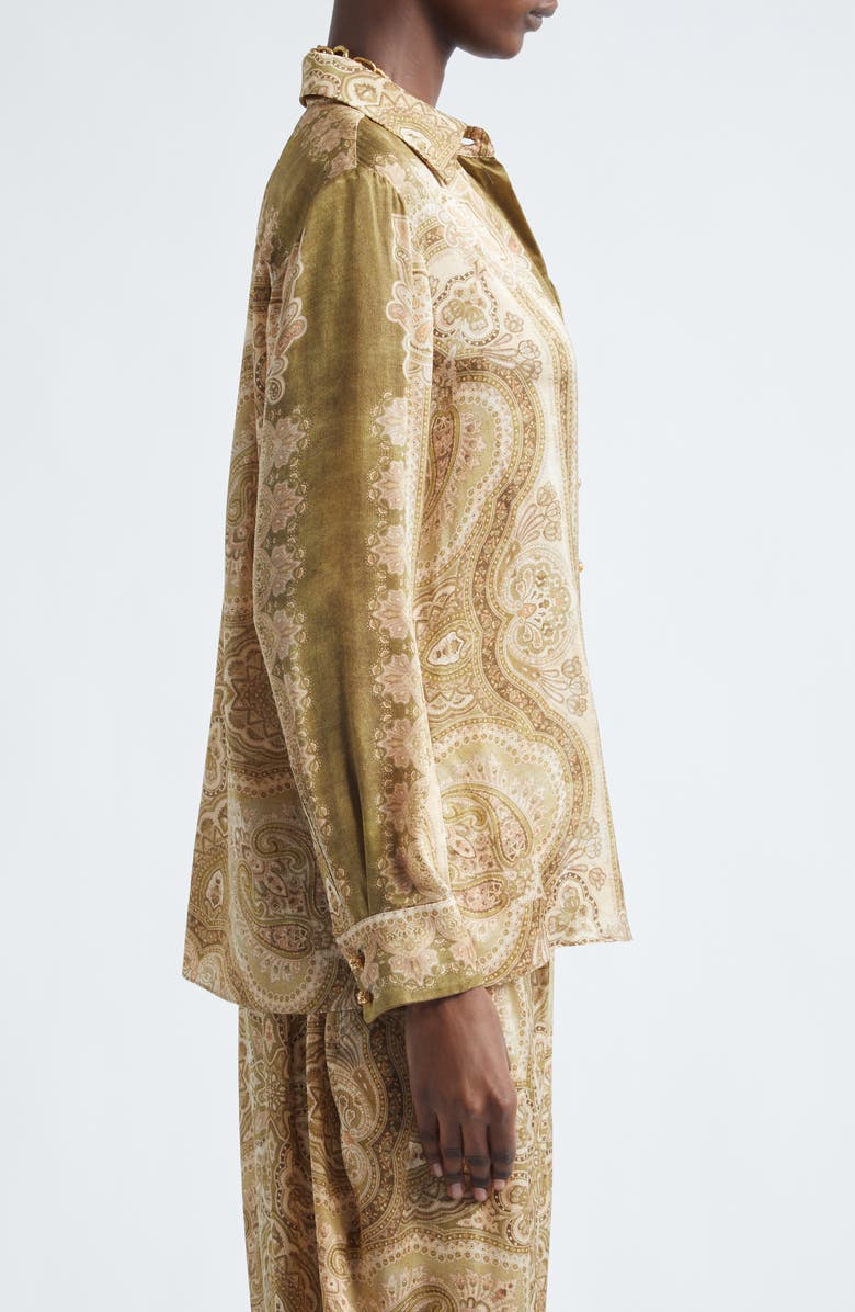 Zimmermann Luna Paisley Print Silk Satin Button-Up Shirt, Alternate, color, Olive Perla Paisley