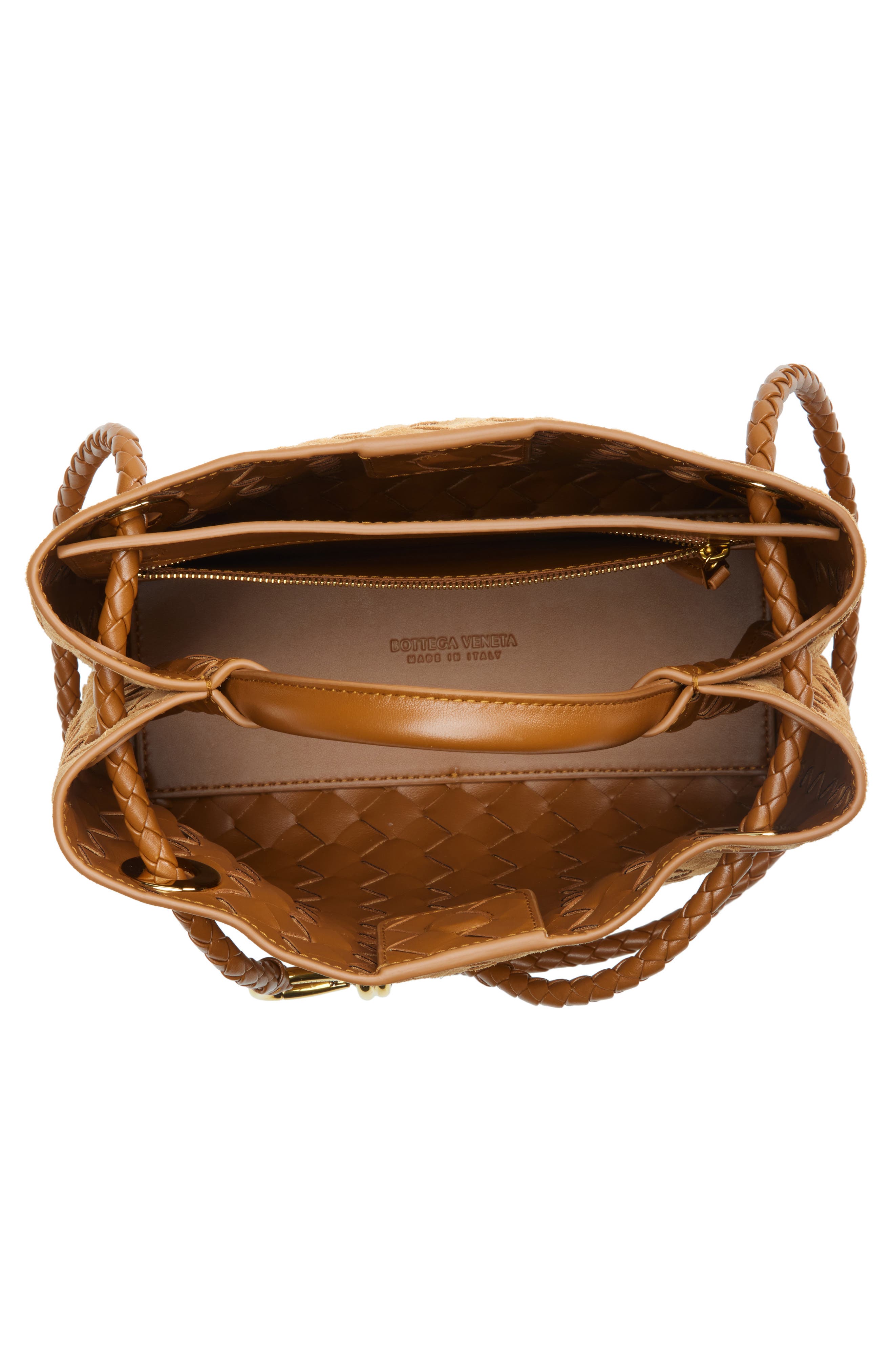 Bottega Veneta Small Andiamo Intrecciato Suede Shoulder Bag, Alternate, color, Amber