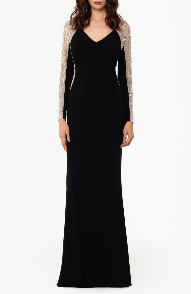 Xscape Evenings Wren Crystal Beaded Long Sleeve Jersey Gown, Main, color, 