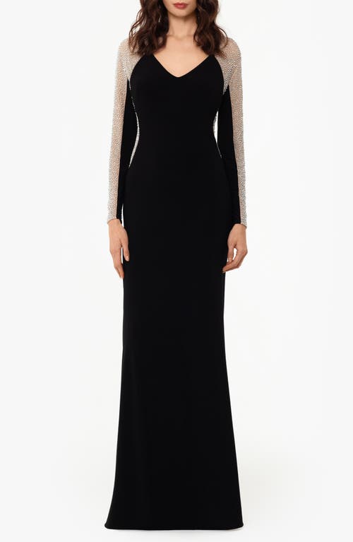 Xscape Evenings Lng Scb Crp Ots 3d Flr In Black Nude Silver