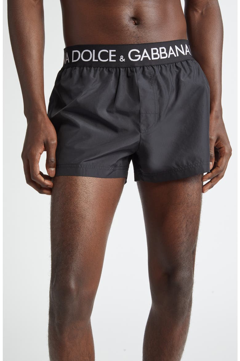 Logo Waistband Swim Trunks, Main, color, BLACK