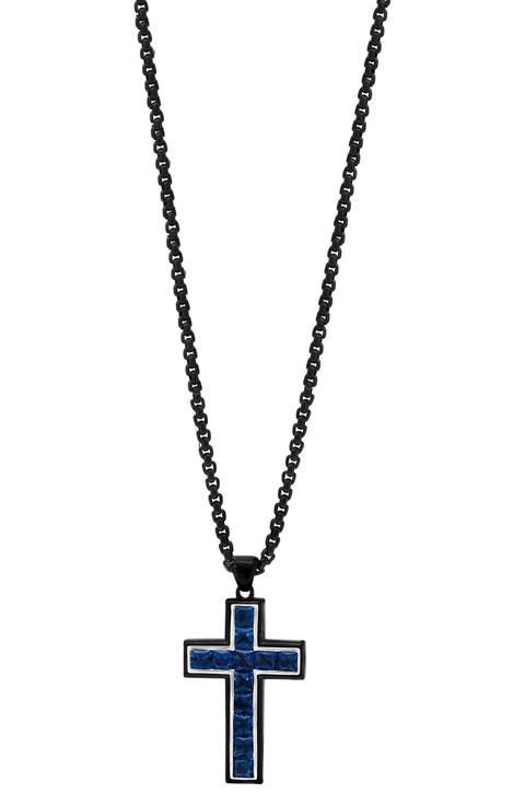Men's Sterling Silver London Blue Topaz Cross Pendant Necklace