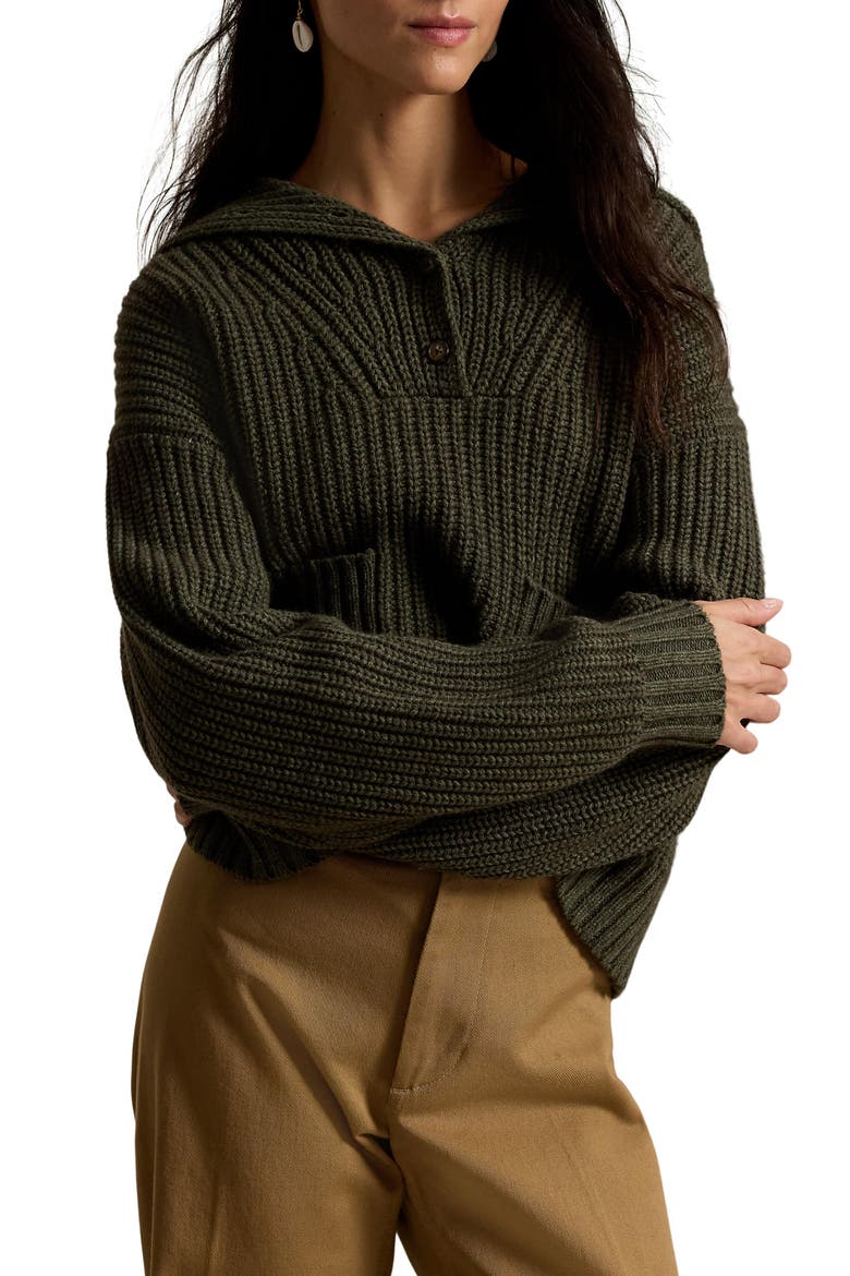 Chunky Half Placket Wool & Cotton Blend Sweater, Main, color, OLIVE HEATHER