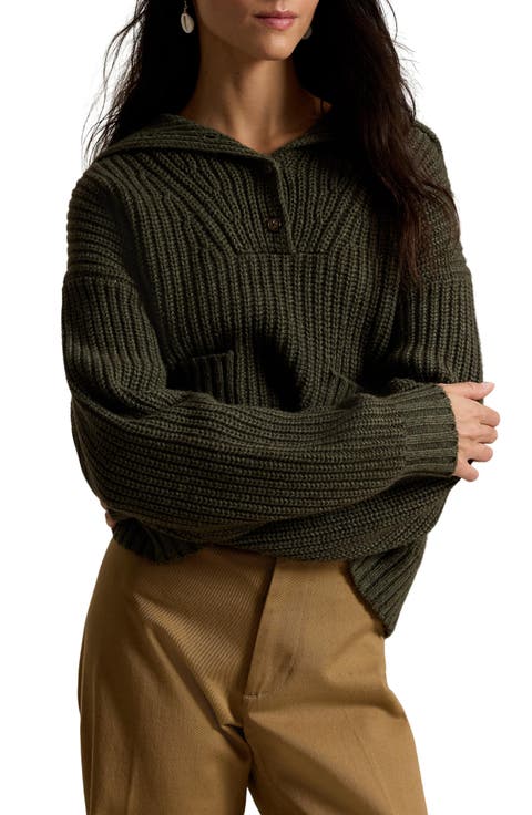 Chunky Half Placket Wool & Cotton Blend Sweater