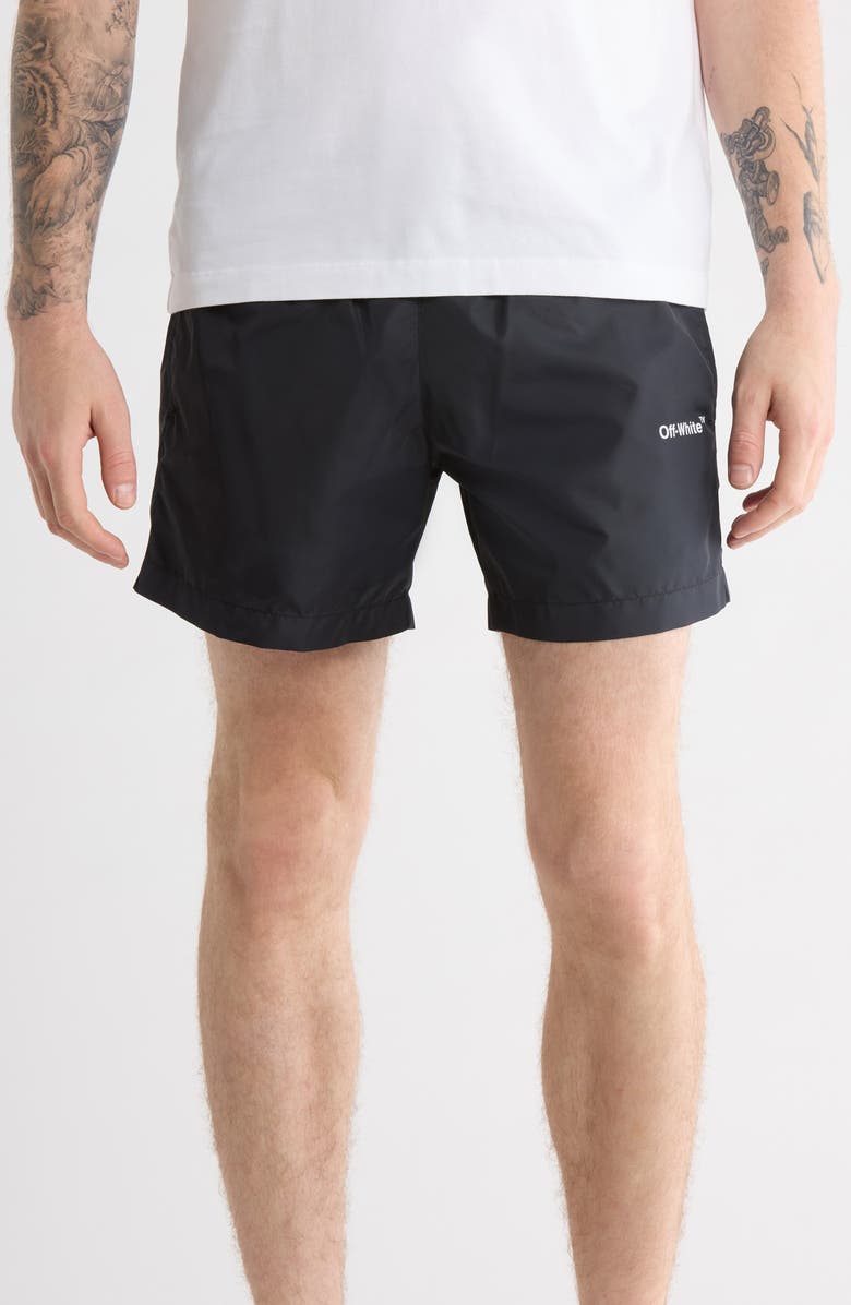 Off-White Diagonal Outline Swim Shorts, Main, color, Black And White