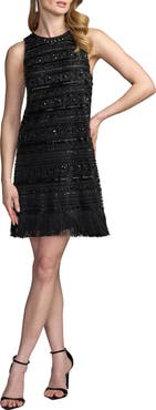 Mac Duggal Embellished Mesh Trapeze Fringe Mini Dress