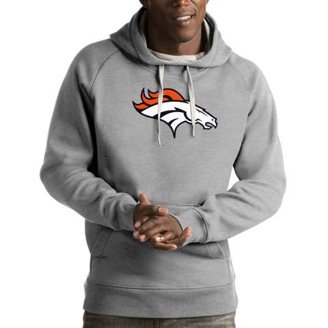 Men's Antigua Heather Gray Denver Broncos Victory Pullover Hoodie