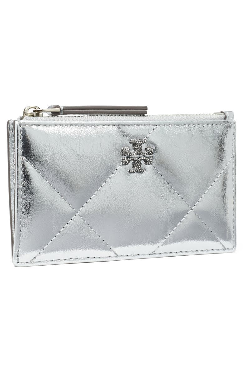 Tory Burch Kira Diamond Quilted Leather Zip Wallet, Alternate, color, Silver