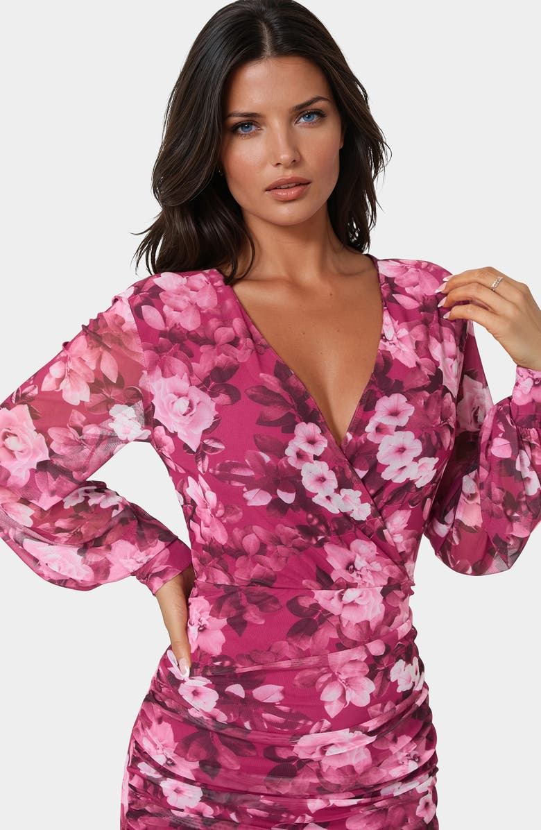 bebe Long Sleeve Ruched Faux Wrap Minidress, Alternate, color, Merlot