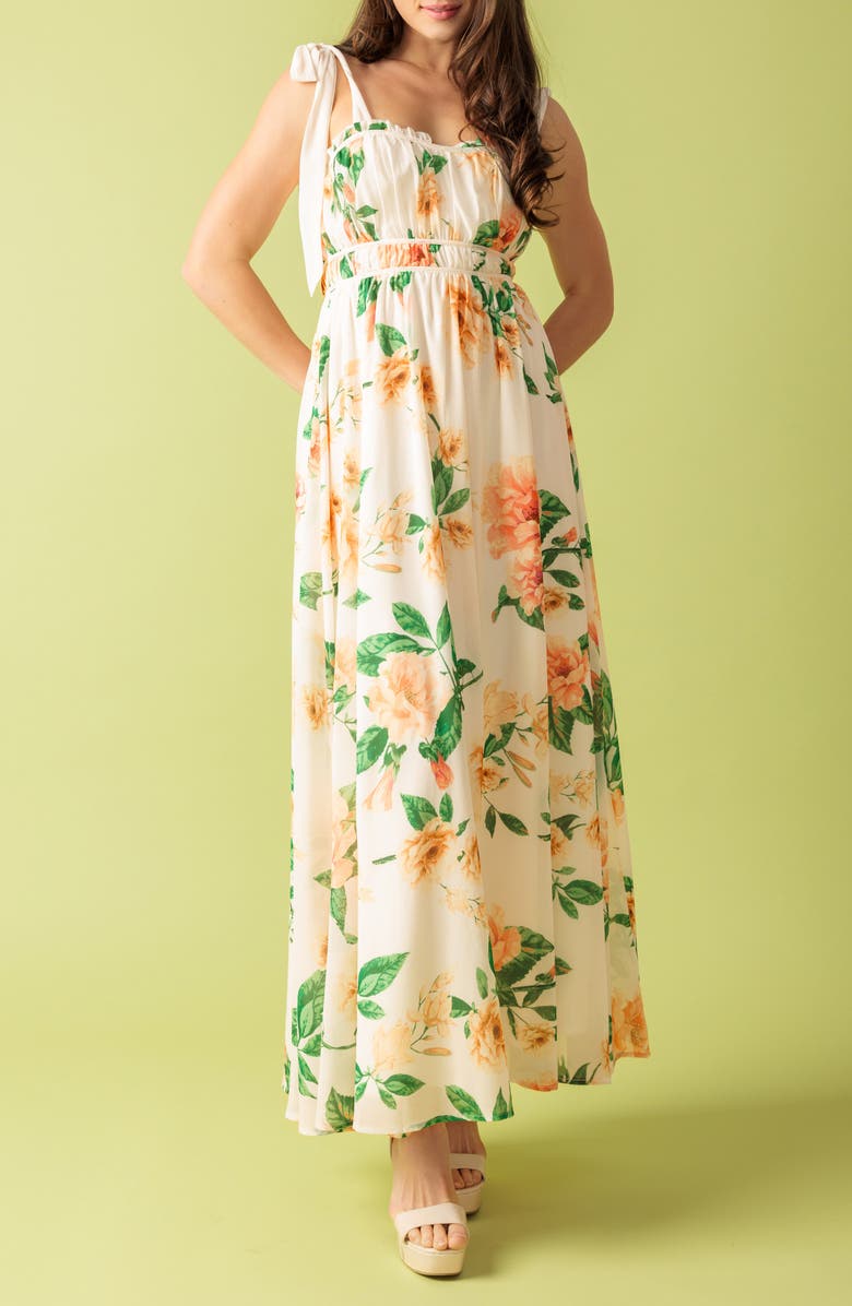FLYING TOMATO Floral Tie Strap Maxi Dress, Alternate, color, Ivory/ Peach