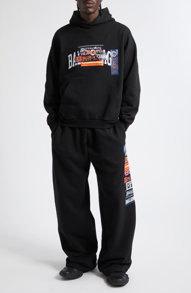 Balenciaga Bumper Stickers Baggy Cotton Fleece Sweatpants, Main, color, 1000 Black