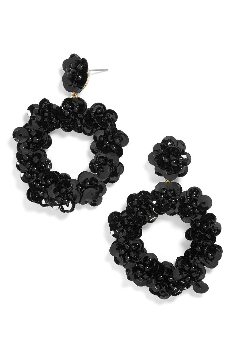 Sequin Floral Hoop Earring, Main, color, BLACK