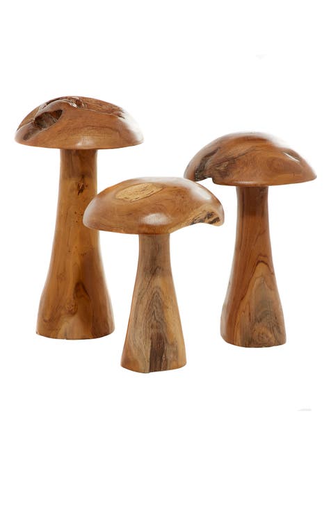 Brown Teakwood Handmade Live Edge Mushroom Sculpture with Natural Smooth Finish - Set of 3