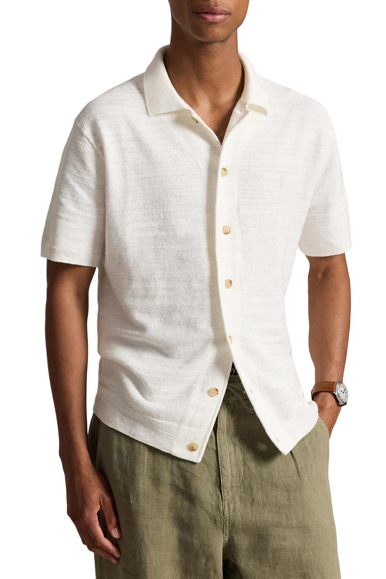 Short Sleeve Cotton & Linen Herringbone Full Button Cardigan, Main, color, DECKWASH WHITE