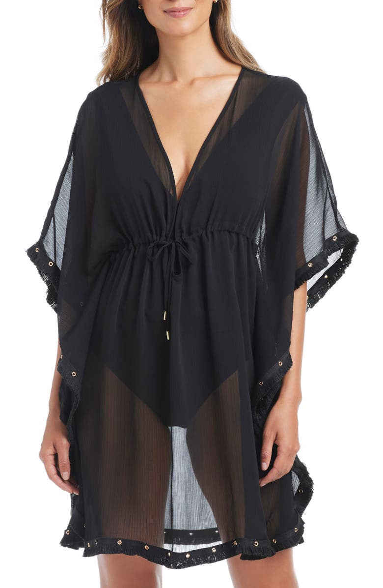 BLEU by Rod Beattie Fringe Trim Sheer Cover-Up Caftan, Main, color, Black