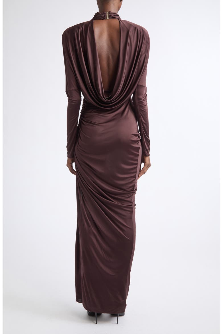 Open Back Ruched Viscose Jersey Gown, Alternate, color, A51 BROWN
