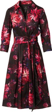 Adrianna Papell Print Taffeta Tie Waist Shirtdress