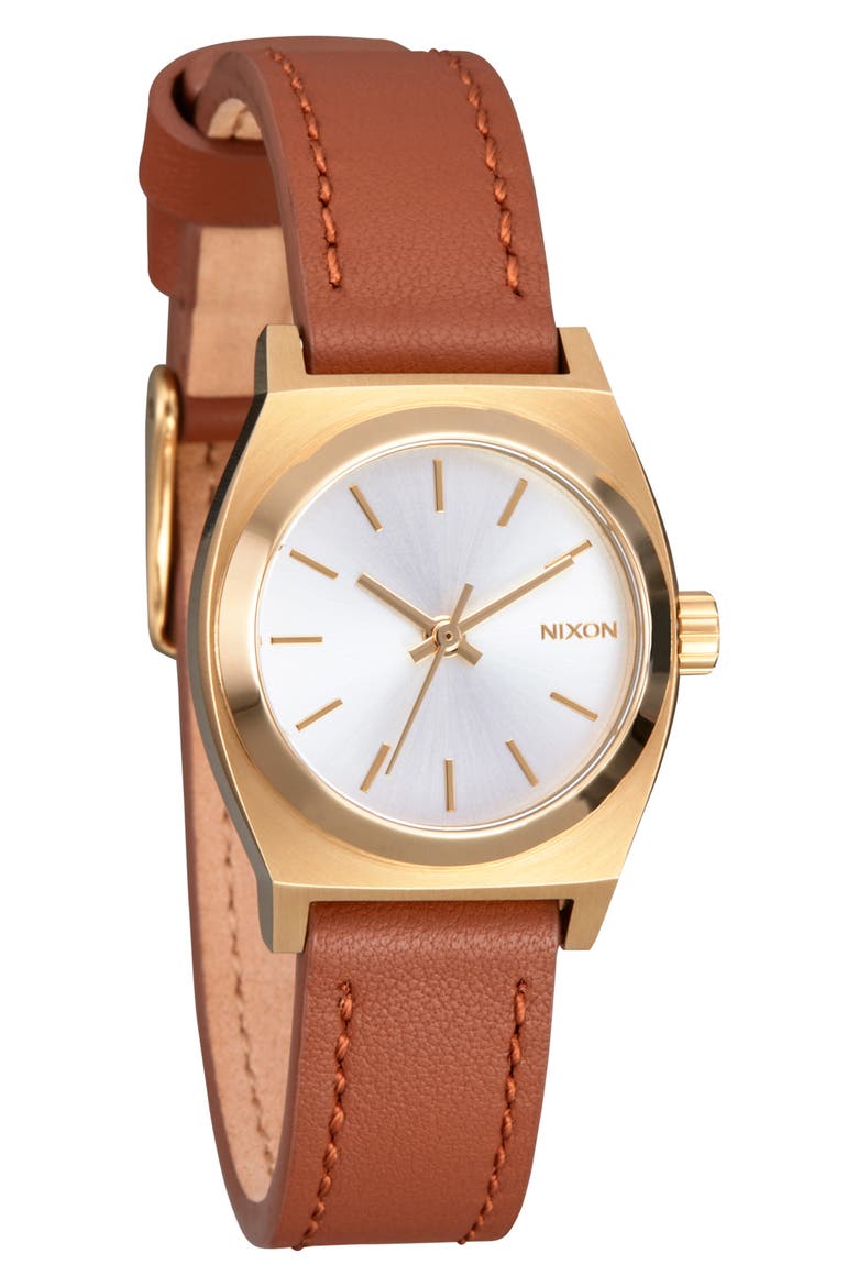 'Small Time Teller' Leather Strap Watch, 26mm, Alternate, color, LIGHT GOLD / WHITE SUNRAY