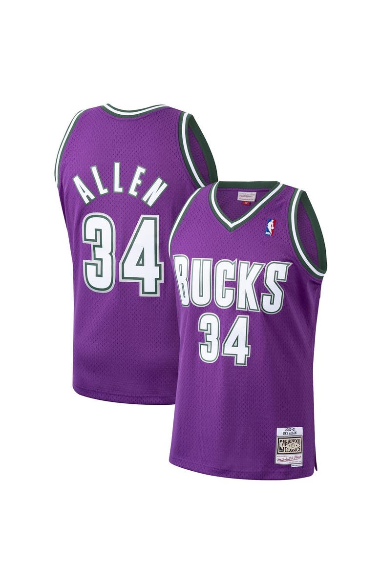 Mitchell & Ness Men's Mitchell & Ness Ray Allen Purple Milwaukee Bucks Hardwood Classics Swingman Jersey, Main, color, 