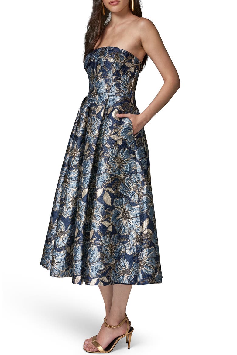 Strapless Jacquard Midi Dress, Alternate, color, NIGHTFALL