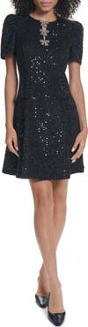 KARL LAGERFELD PARIS Bow Detail Sequin Tweed A-Line Minidress