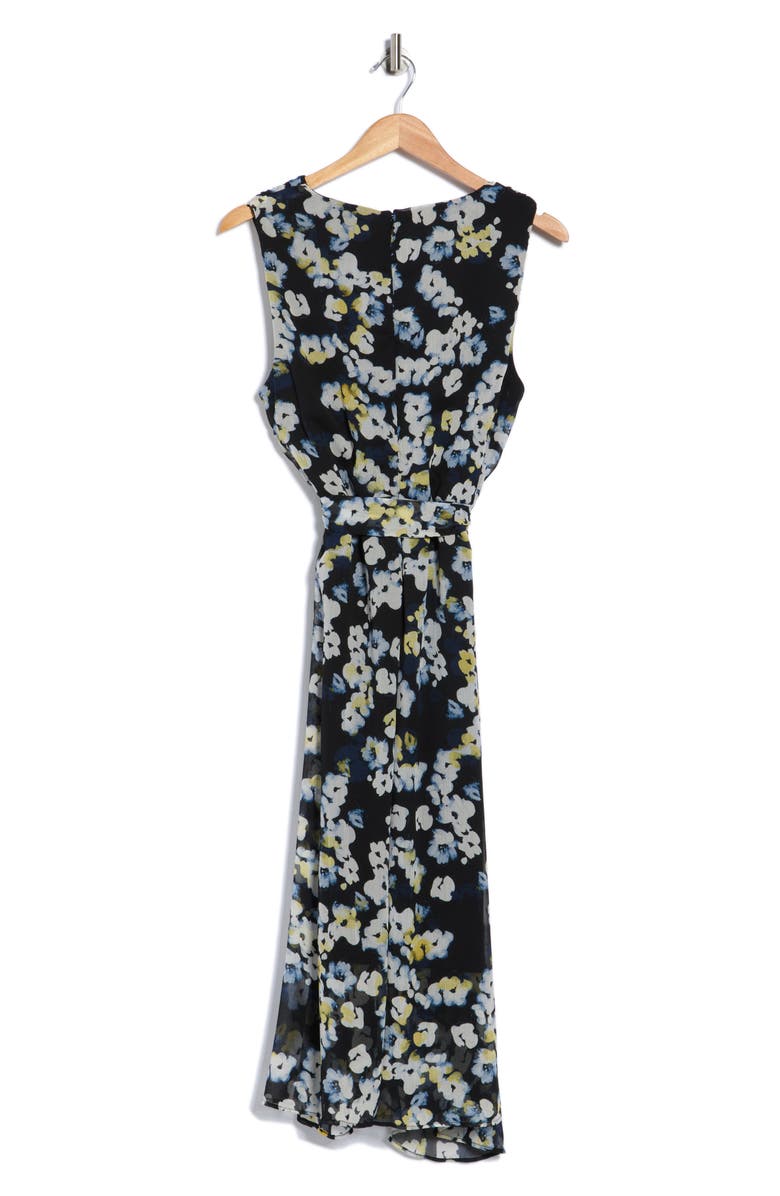 DKNY Tie Waist Sleeveless Faux Wrap Midi Dress, Alternate, color, Navy/ Lemon