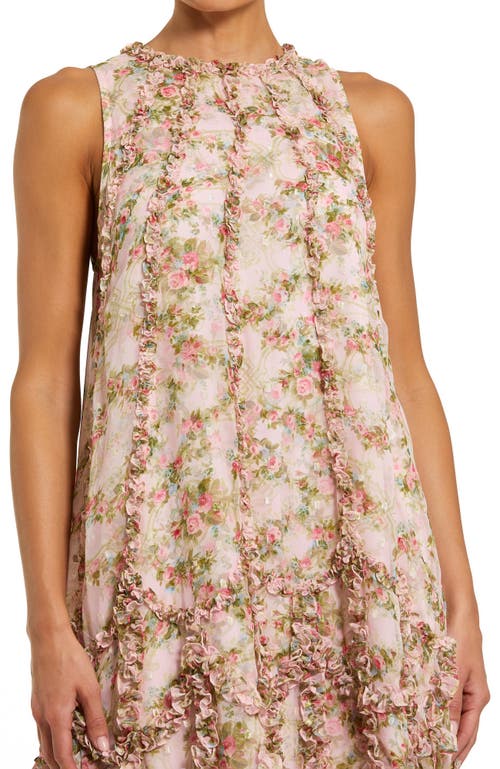Mac Duggal Sleeveless Floral Print Chiffon Micro Ruffle Gown In Pink Multi