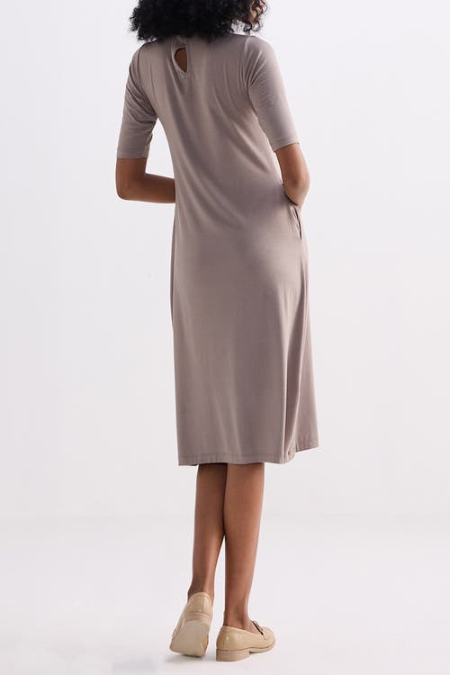 Reistor High Crew Neck Elbow Sleeves Fitted Dress In Dusty Brown
