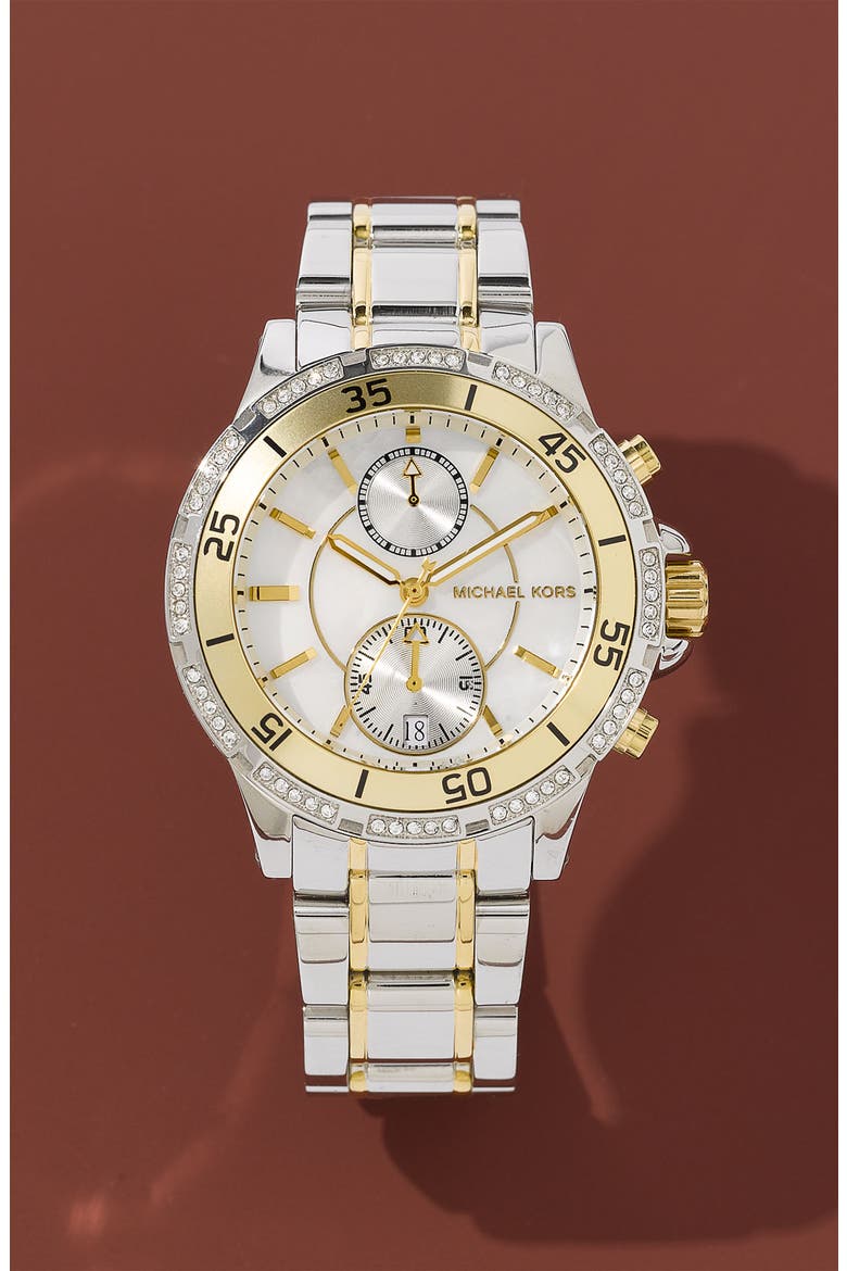 Michael Kors 'Garret' Chronograph & Crystal Watch, Alternate, color, GOLD/ SILVER