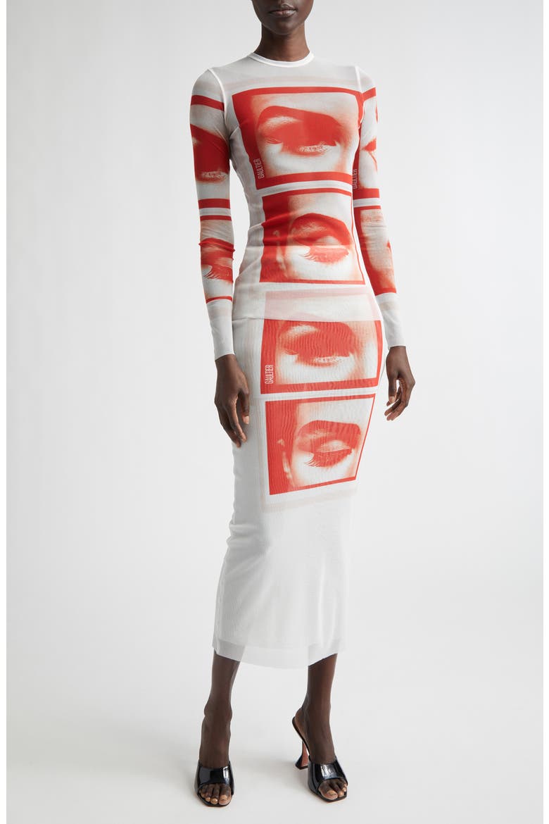 Re-Edition Eyes & Lips Print Mesh Maxi Skirt, Alternate, color, WHITE/ RED/ LIGHT ORANGE