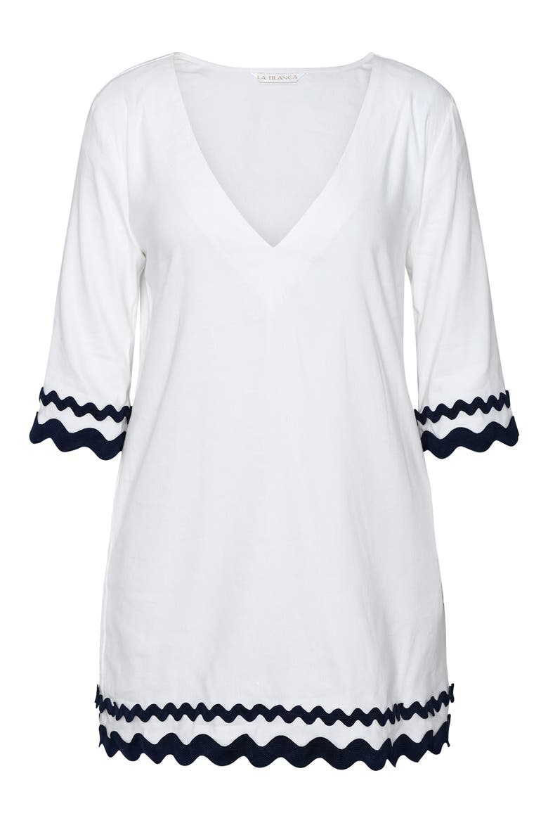 Scallop Trim V-Neck Linen Blend Cover-Up Tunic, Alternate, color, WHITE