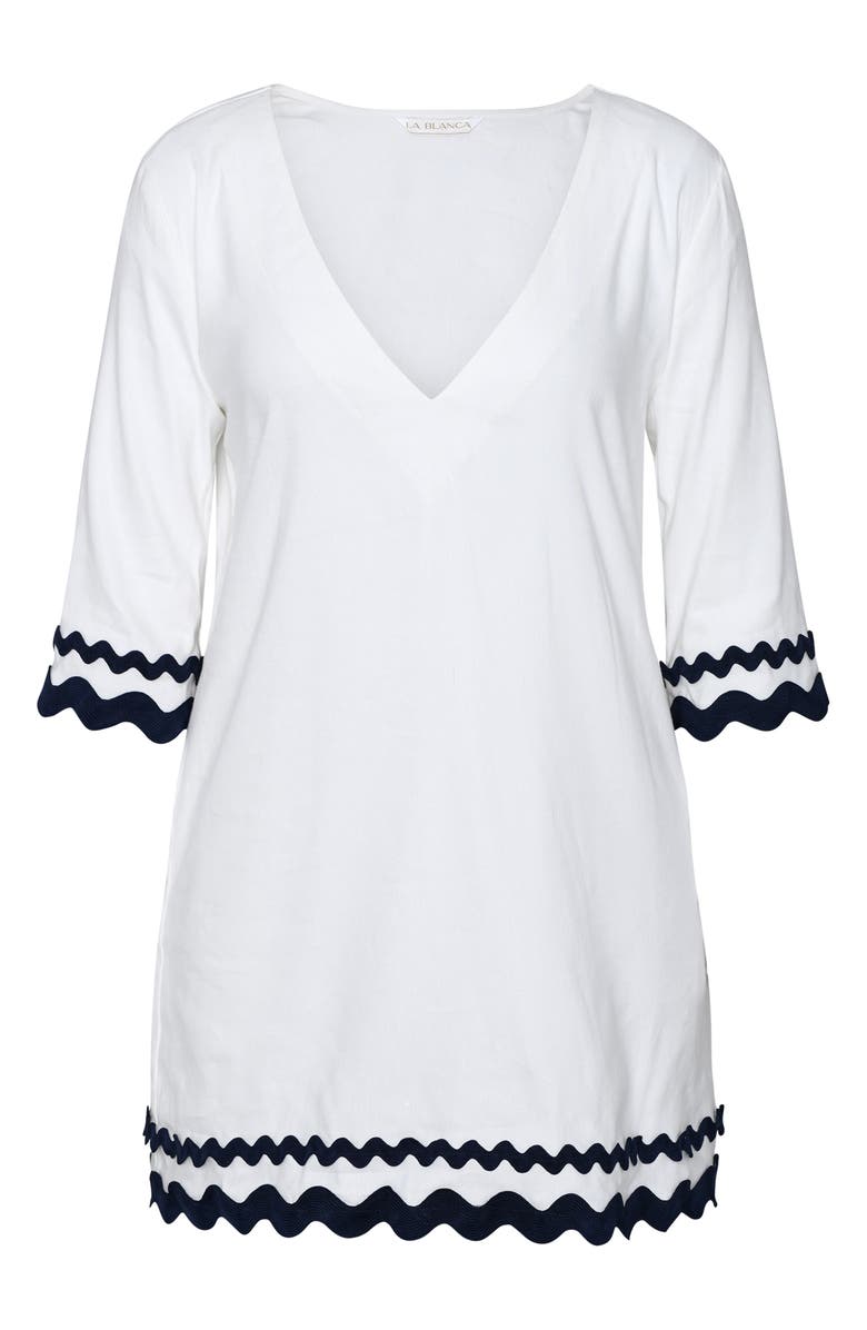 La Blanca Scallop Trim V-Neck Linen Blend Cover-Up Tunic, Alternate, color, White