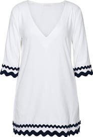 La Blanca Scallop Trim V-Neck Linen Blend Cover-Up Tunic