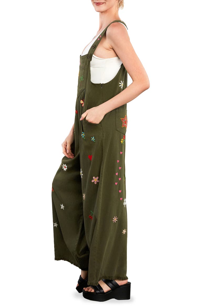 Oooh La La Embroidered Wide Leg Denim Overalls, Alternate, color, OLIVE