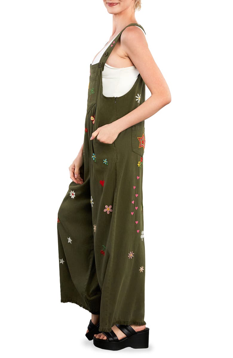 Billy T Oooh La La Embroidered Wide Leg Denim Overalls, Alternate, color, Olive