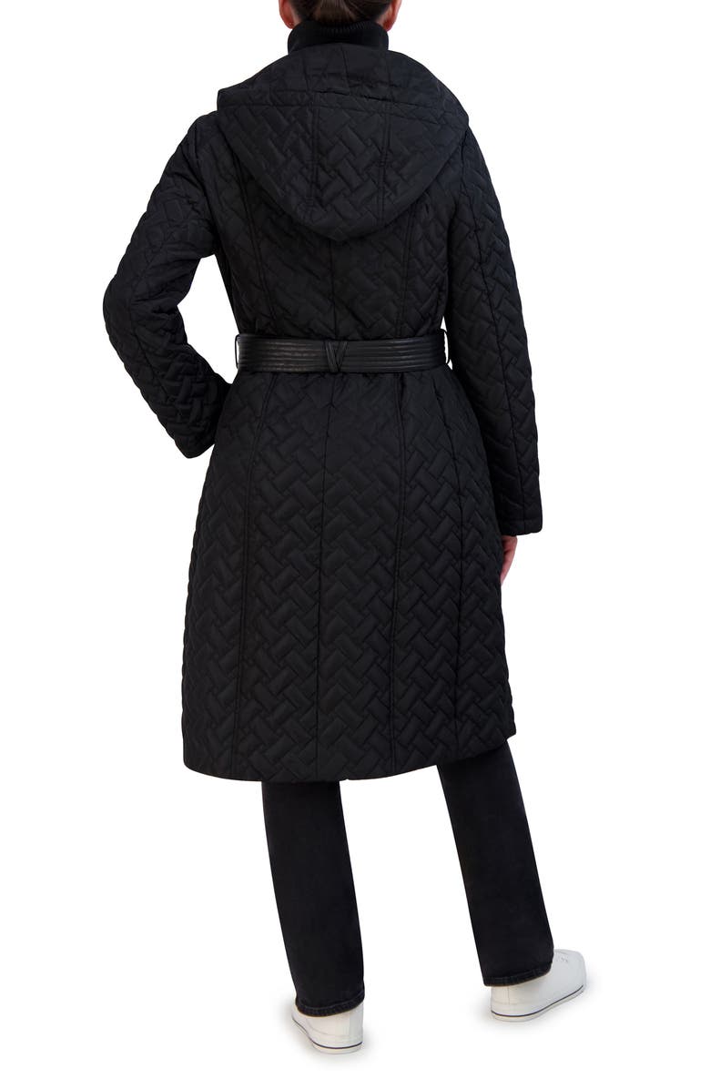 Cole Haan Leather Trim Hooded Quilted Coat, Alternate, color, Black