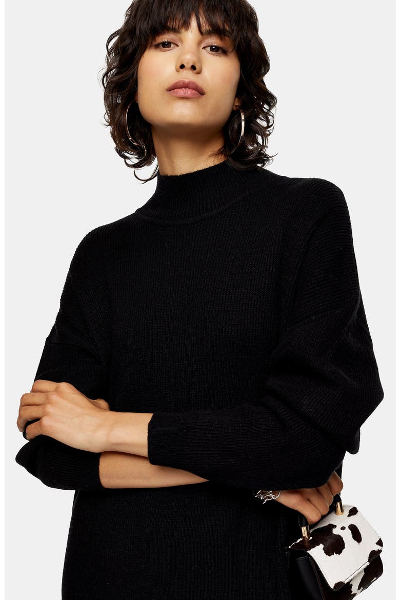 Ribbed Long Sleeve Funnel Neck Midi Sweater Dress, Alternate, color, BLACK