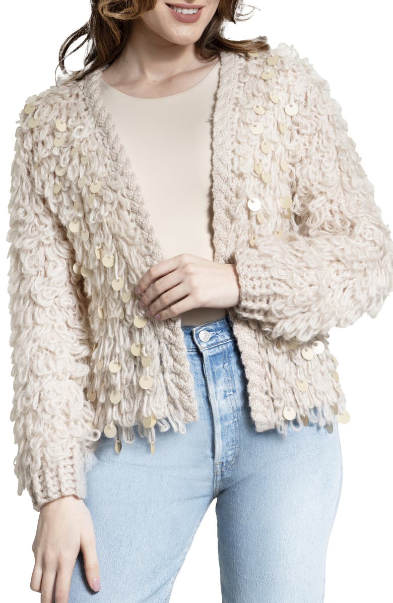 SAACHI Sequin Loop Knit Cardigan, Main, color, Ivory