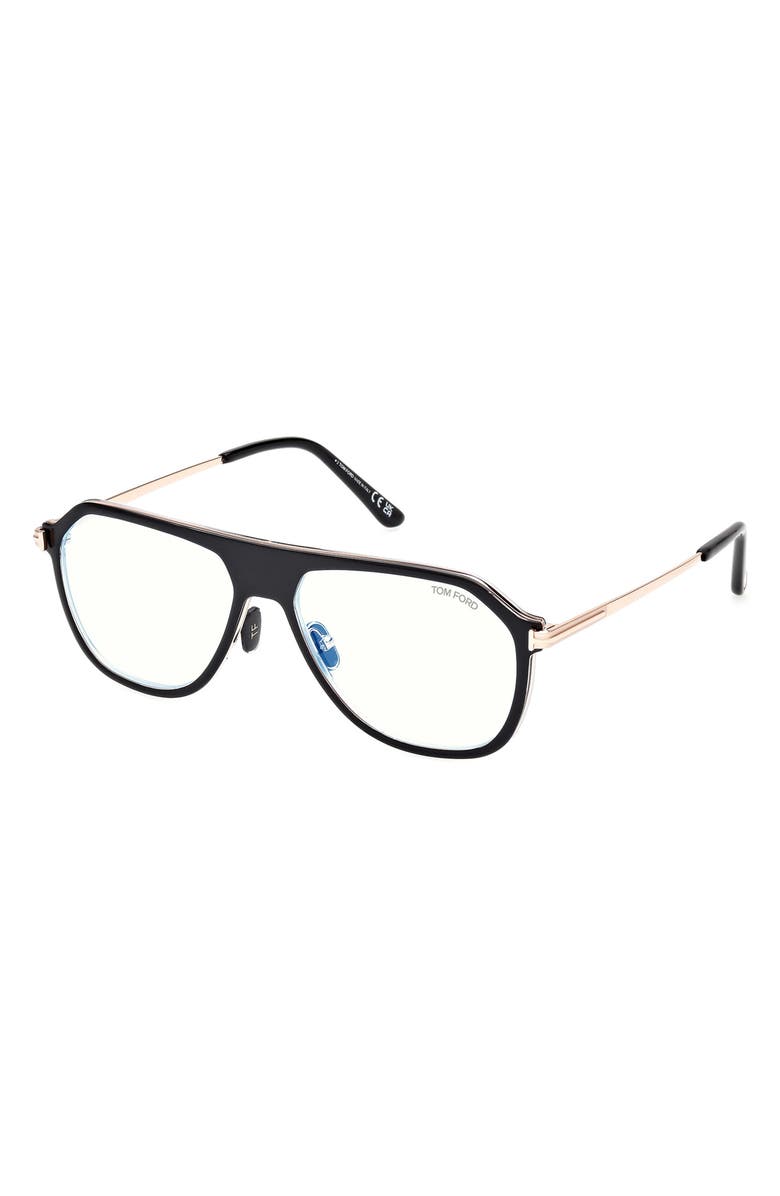 TOM FORD 56mm Pilot Blue Light Blocking Optical Glasses, Alternate, color, Black Crystal Rose Gold
